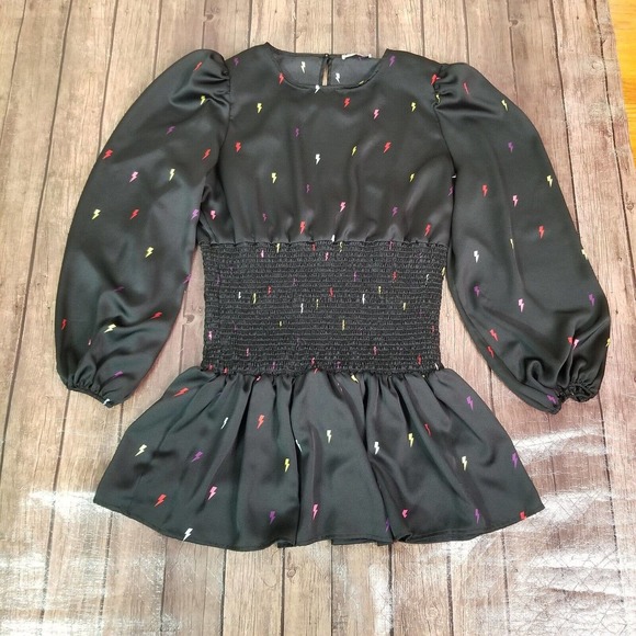 Never Fully Dressed Womens Dress L Large Black Smocked Mini Lightning Bolt - Picture 1 of 9